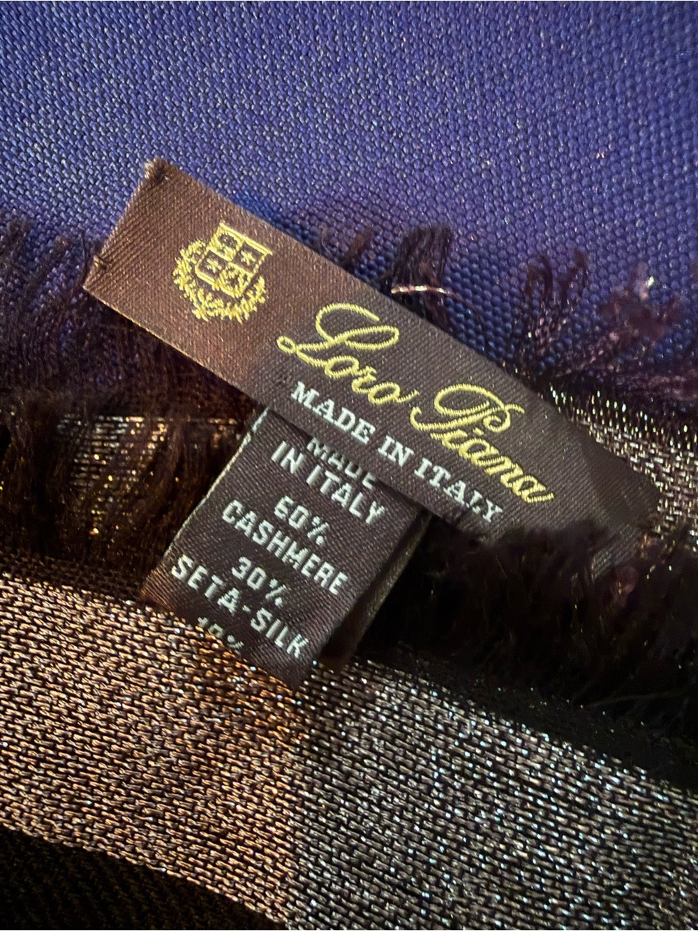 Black Loro Piana Scarf with Metallic Gold Trim - Picture 3 of 3